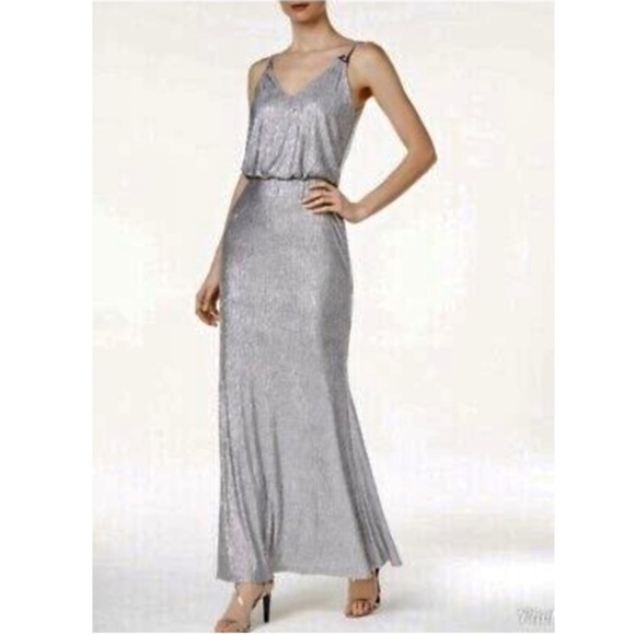 Calvin Klein Dresses & Skirts - Calvin Klein Metallic Silver Spaghetti Strap evening Dress Size 4